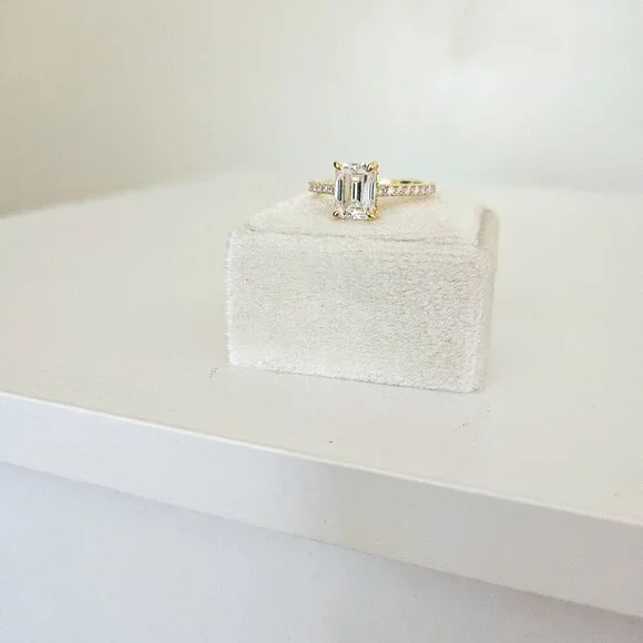 2 CT Emerald Cut Moissanite Ring, S925 Gold Plated, Size 6, Pavé, Hidden Halo - Picture 2 of 4